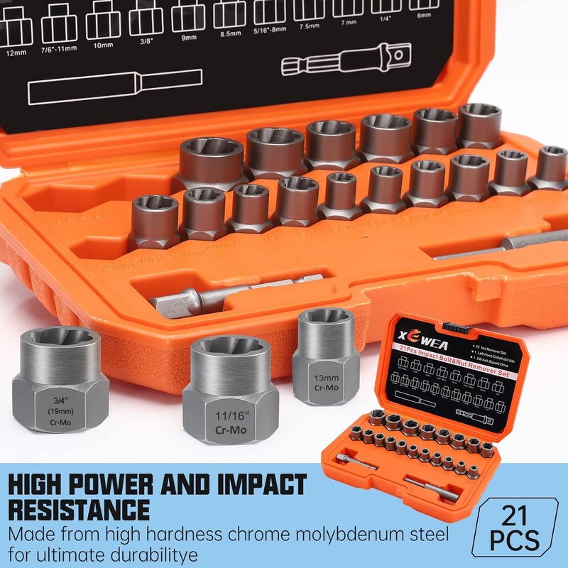 XEWEA 21PCS Bolt Nut Extractor Set, 3/8" Drive Easy Out Broken Lug Nut Extraction Remover Socket Set for Damaged, Frozen,Studs,Rusted, Rounded-Off Bolts & Nuts Screws - Image 2